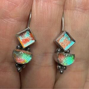 Earrings Iridescent Blue-Green and Orange Dichroic Glass Drop Vintage